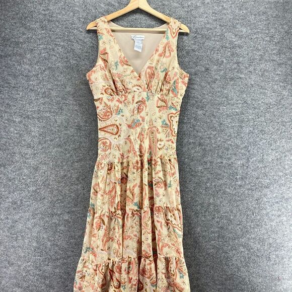 Dressbarn Dress Women 12 Beige Paisley Sheath Midi Lined V-Neck Sleeveless - Picture 3 of 8